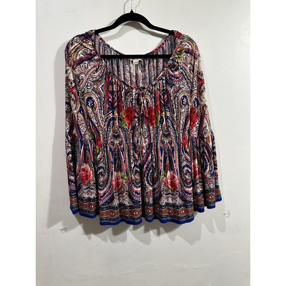 Boston Proper Blouse Women's Colorful Paisley Bell Sleeve Ruched Stretch -Medium - Picture 5 of 12